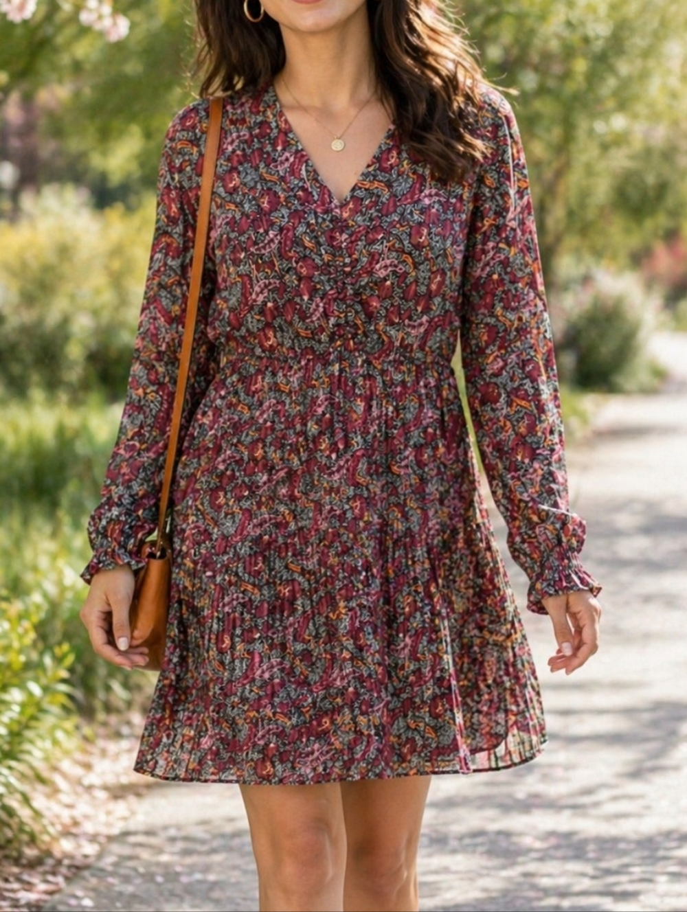 NWT Fransa Pink Red Floral Long Sleeve Dress | Boho Smocked Cuff V-Neck Midi